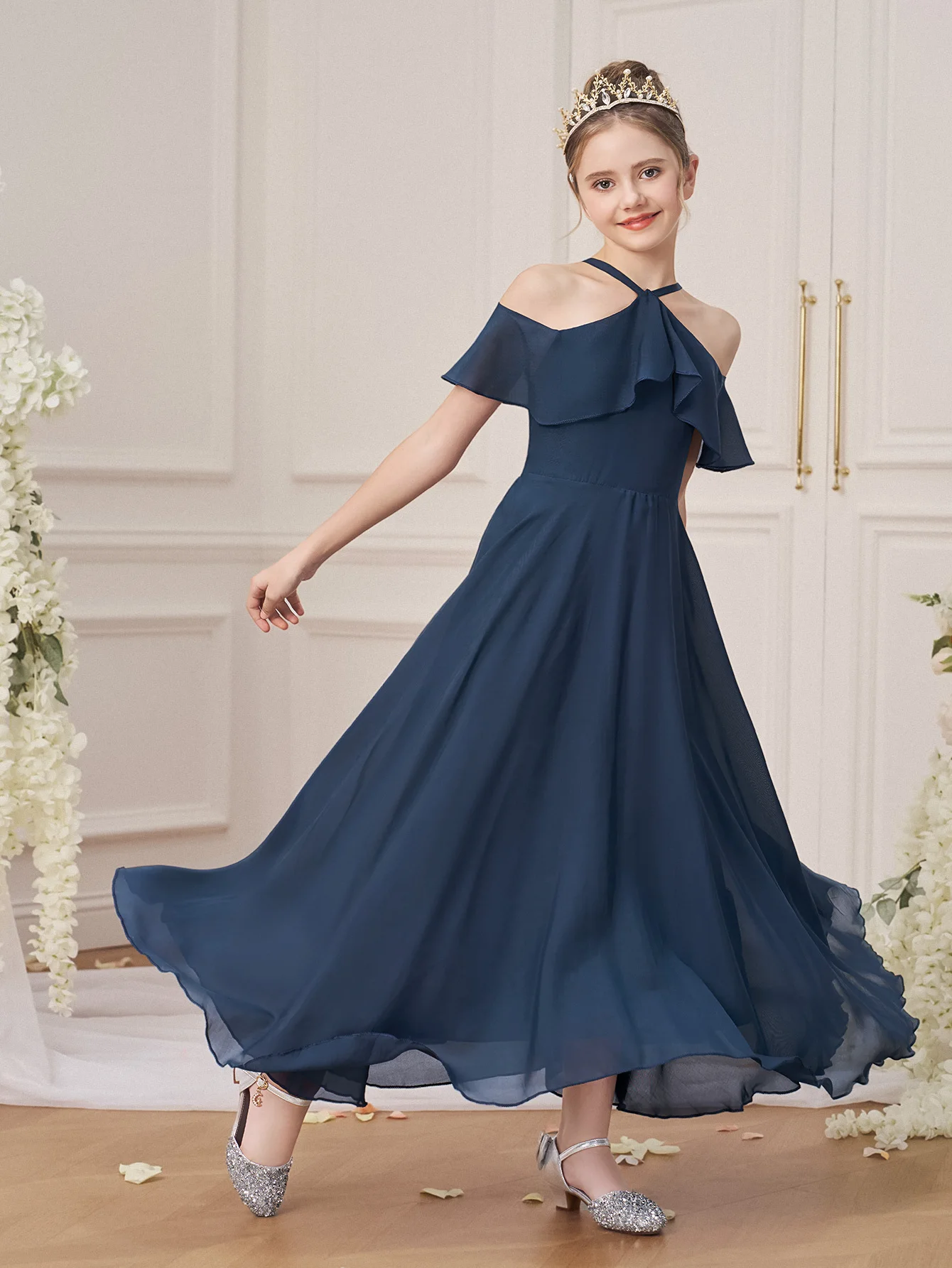 Ruffle Girls Party Bridesmaid Strap Dress off Shoulder Long Wedding Princess Prom Dresses Kids Elegant Beach Birthday Evening