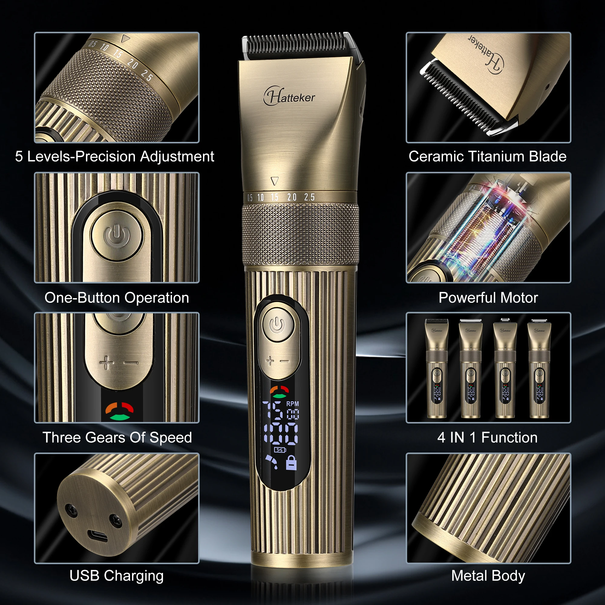 Hatteker Electric Hair Clipper Set Ceramic Blade Hair Trimmer for Men Charging Base Hair Cutting Machine with LED Display