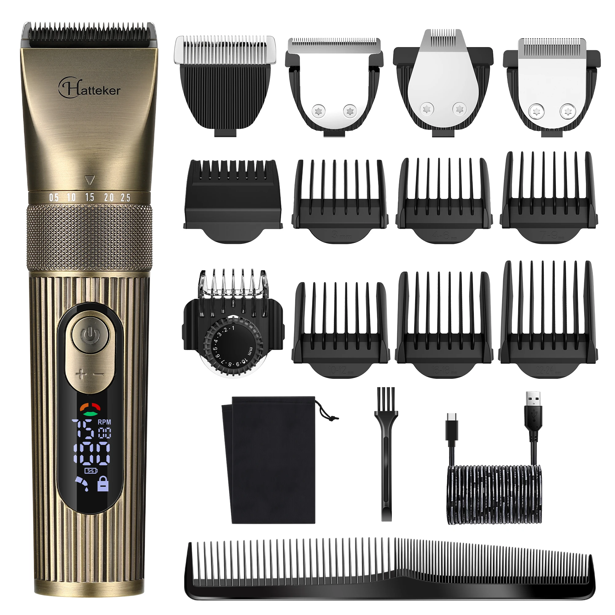 Hatteker Electric Hair Clipper Set Ceramic Blade Hair Trimmer for Men Charging Base Hair Cutting Machine with LED Display