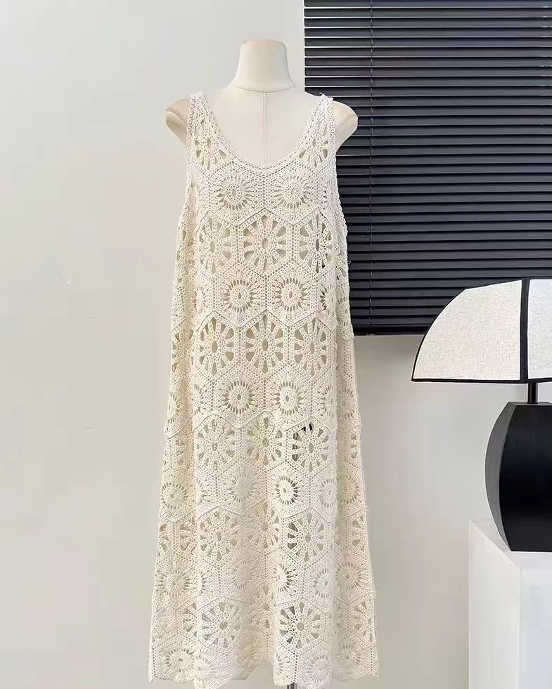 Crochet Maxi Dress for Women Sheer Cover Up Sleeveless Openwork Lace Cami Dress Summer Boho Chic Beach Outfit