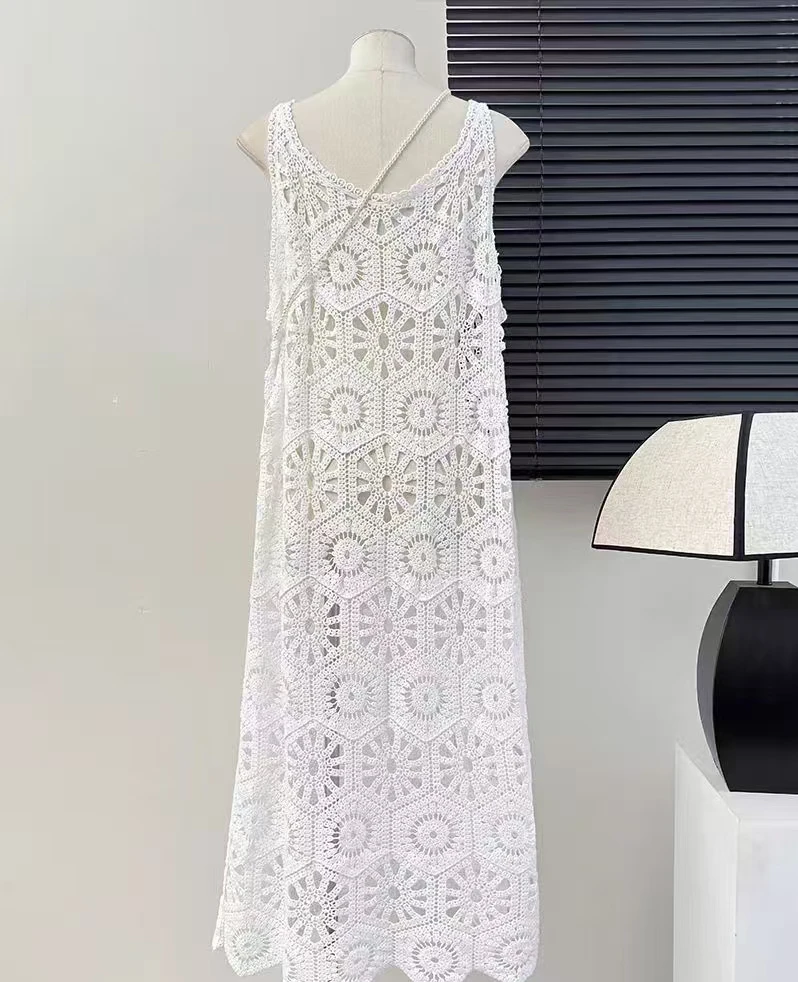 Crochet Maxi Dress for Women Sheer Cover Up Sleeveless Openwork Lace Cami Dress Summer Boho Chic Beach Outfit