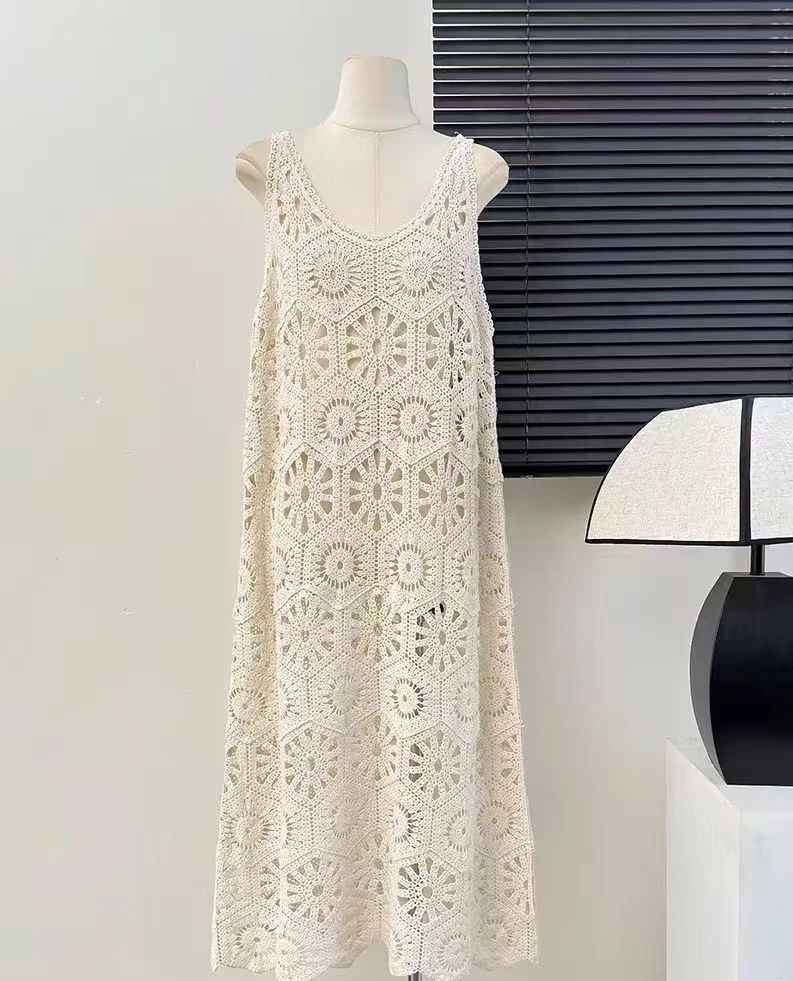 Crochet Maxi Dress for Women Sheer Cover Up Sleeveless Openwork Lace Cami Dress Summer Boho Chic Beach Outfit