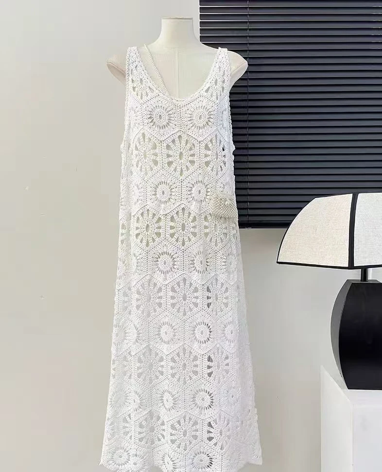 Crochet Maxi Dress for Women Sheer Cover Up Sleeveless Openwork Lace Cami Dress Summer Boho Chic Beach Outfit