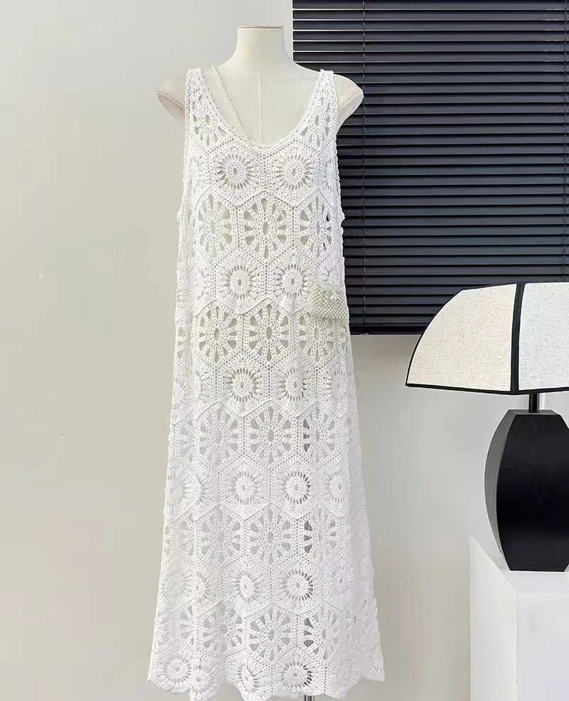 Crochet Maxi Dress for Women Sheer Cover Up Sleeveless Openwork Lace Cami Dress Summer Boho Chic Beach Outfit