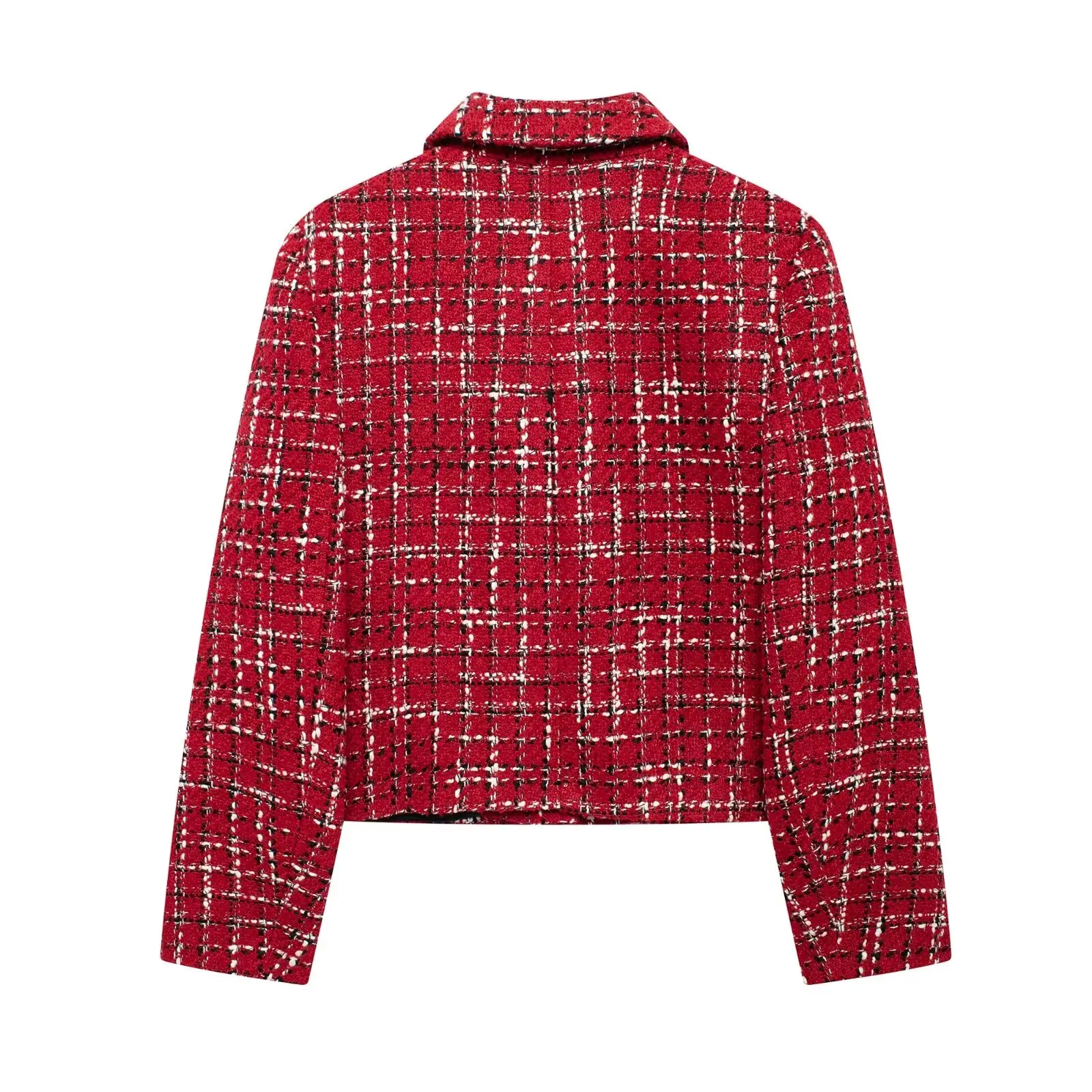 HH Women Vintage Red Plaid Tweed Coat Slim Turn Down Collar Long Sleeve Jacket Autumn Fashion Lady High Street Outwear