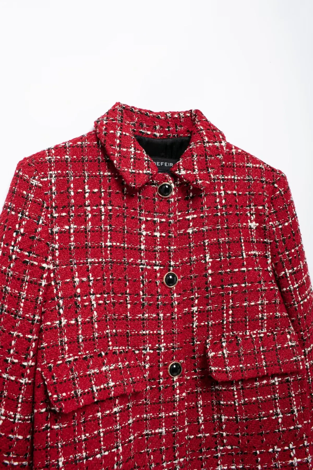 HH Women Vintage Red Plaid Tweed Coat Slim Turn Down Collar Long Sleeve Jacket Autumn Fashion Lady High Street Outwear