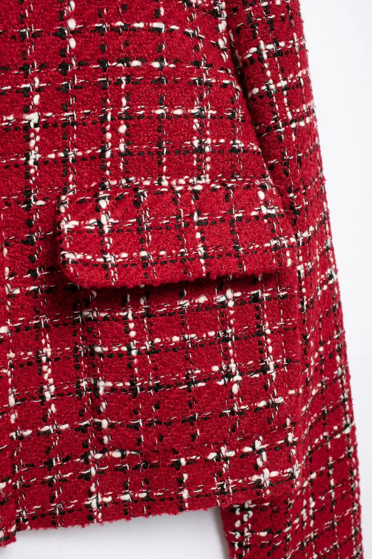 HH Women Vintage Red Plaid Tweed Coat Slim Turn Down Collar Long Sleeve Jacket Autumn Fashion Lady High Street Outwear