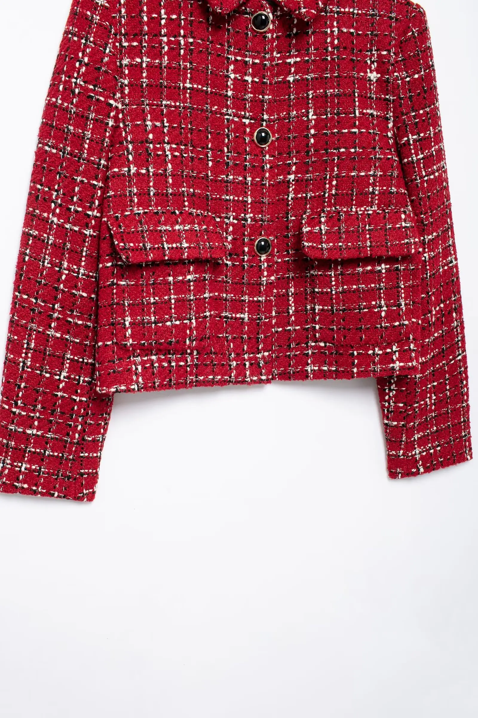 HH Women Vintage Red Plaid Tweed Coat Slim Turn Down Collar Long Sleeve Jacket Autumn Fashion Lady High Street Outwear