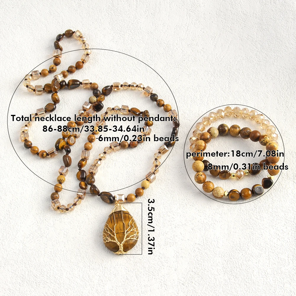 New Boheme Spring Jewelry Natural Stone Glass Handmade Life Tree Stone Drop Pendant Knotted Necklace 2pcs Stack Bracelet Set