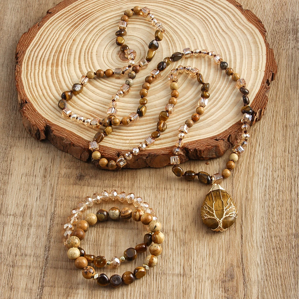 New Boheme Spring Jewelry Natural Stone Glass Handmade Life Tree Stone Drop Pendant Knotted Necklace 2pcs Stack Bracelet Set