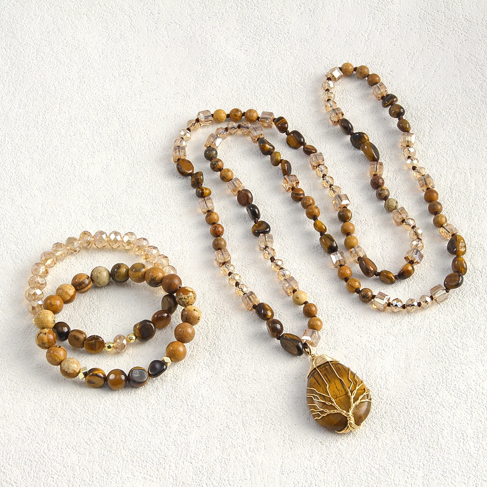 New Boheme Spring Jewelry Natural Stone Glass Handmade Life Tree Stone Drop Pendant Knotted Necklace 2pcs Stack Bracelet Set