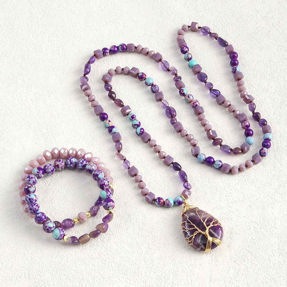 New Boheme Spring Jewelry Natural Stone Glass Handmade Life Tree Stone Drop Pendant Knotted Necklace 2pcs Stack Bracelet Set