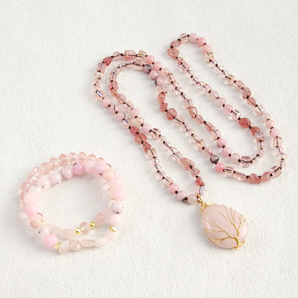 New Boheme Spring Jewelry Natural Stone Glass Handmade Life Tree Stone Drop Pendant Knotted Necklace 2pcs Stack Bracelet Set