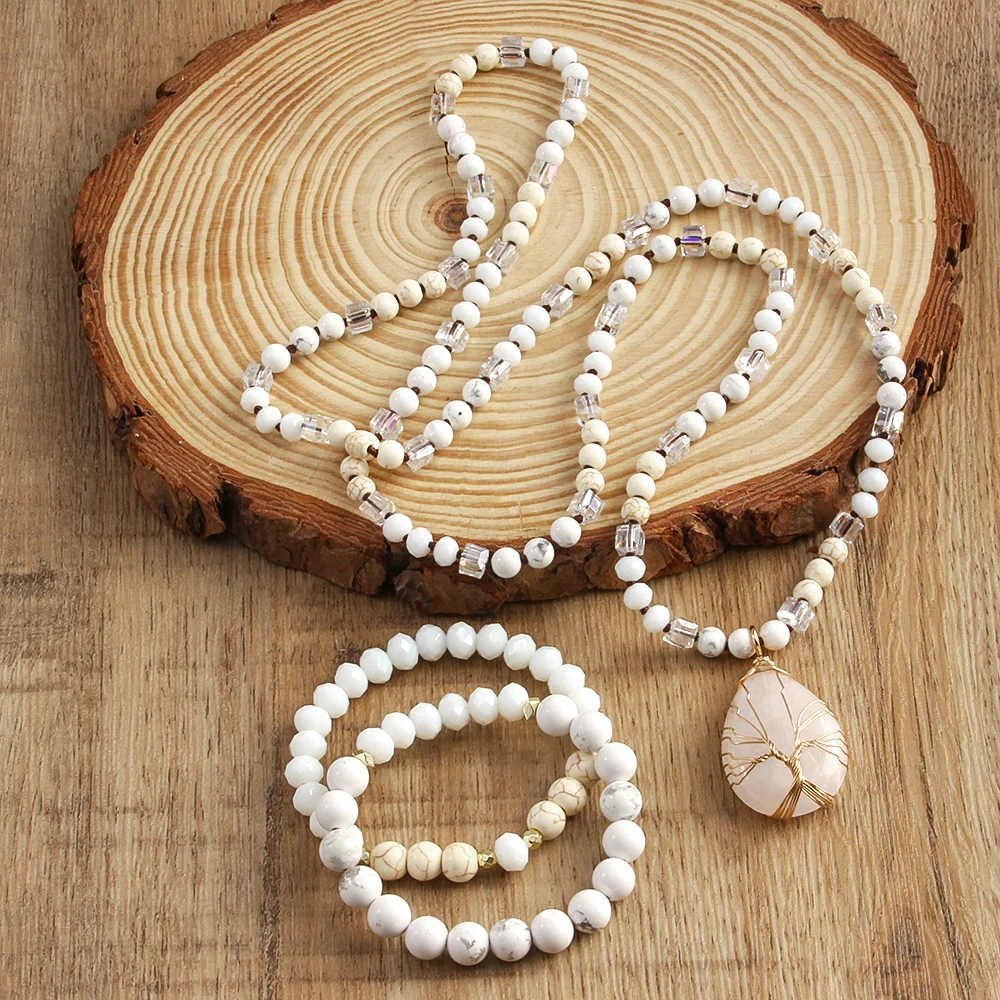New Boheme Spring Jewelry Natural Stone Glass Handmade Life Tree Stone Drop Pendant Knotted Necklace 2pcs Stack Bracelet Set