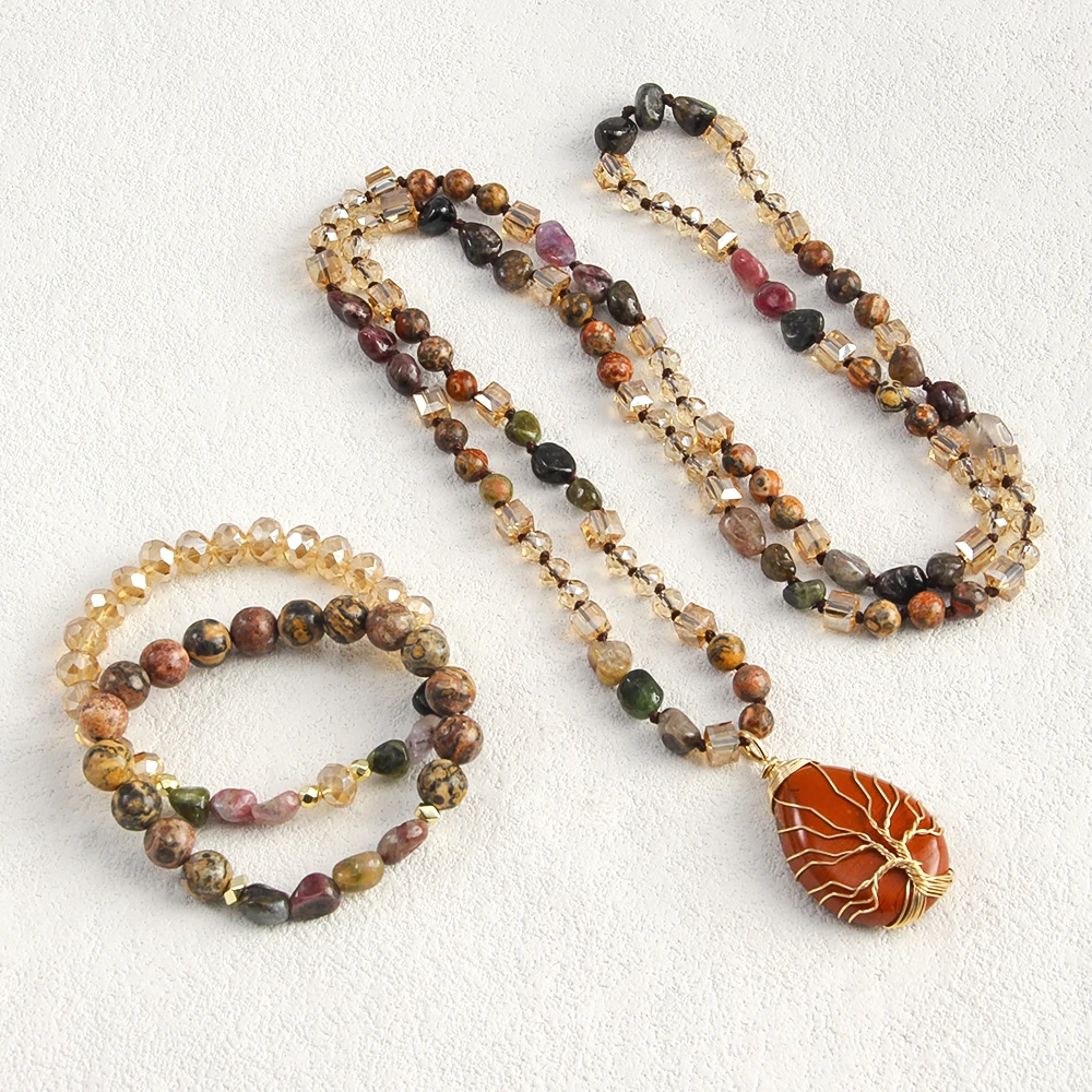 New Boheme Spring Jewelry Natural Stone Glass Handmade Life Tree Stone Drop Pendant Knotted Necklace 2pcs Stack Bracelet Set