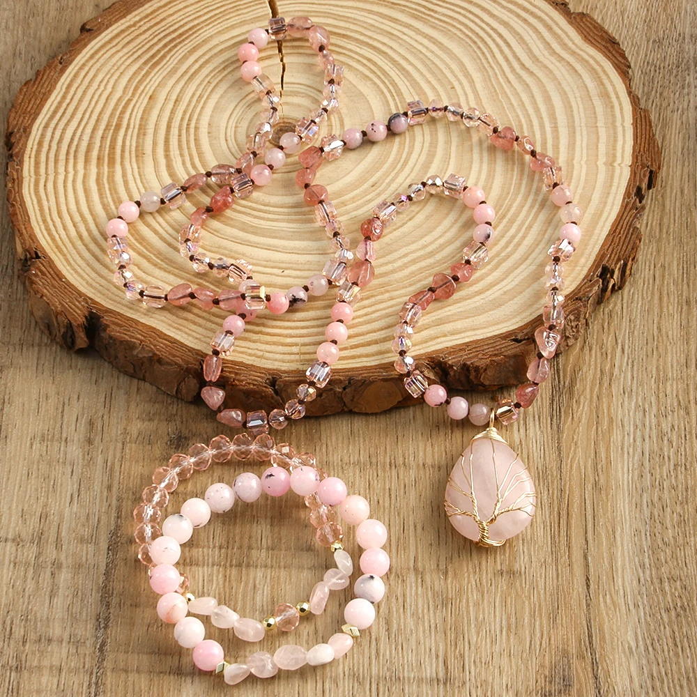 New Boheme Spring Jewelry Natural Stone Glass Handmade Life Tree Stone Drop Pendant Knotted Necklace 2pcs Stack Bracelet Set
