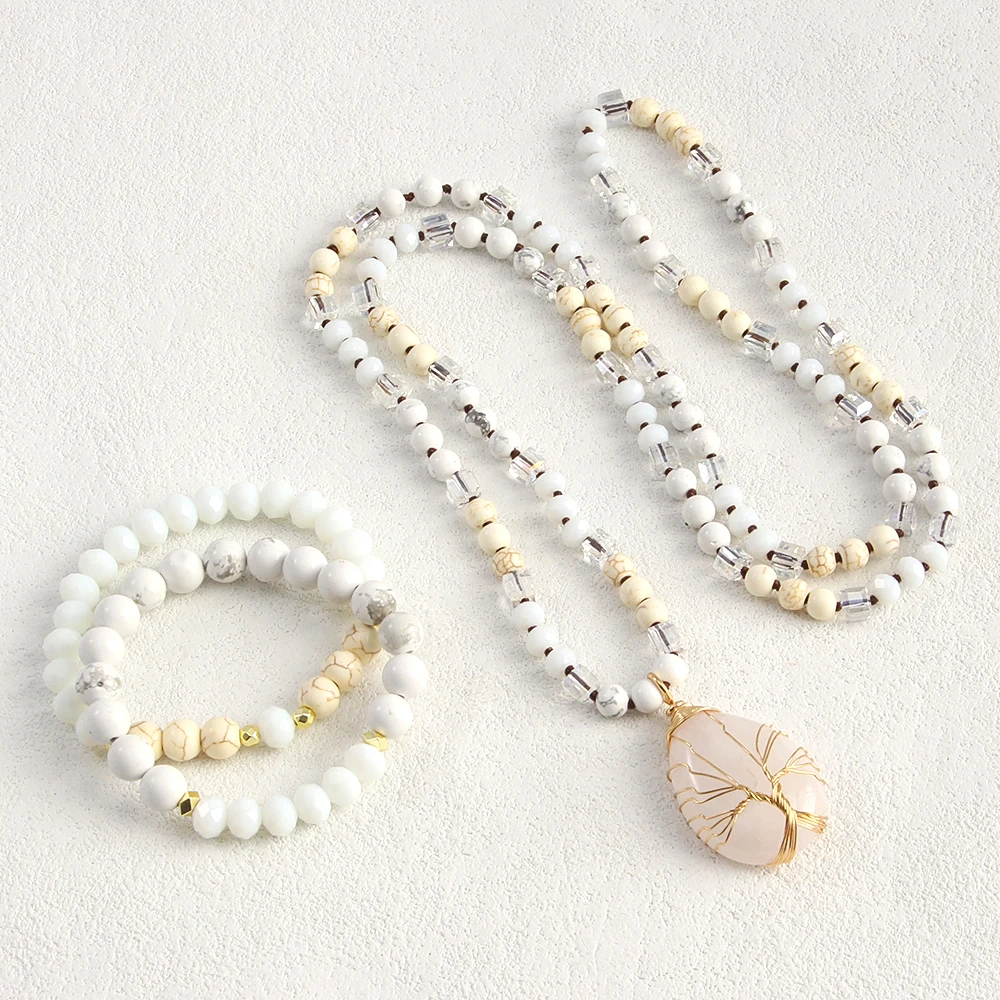 New Boheme Spring Jewelry Natural Stone Glass Handmade Life Tree Stone Drop Pendant Knotted Necklace 2pcs Stack Bracelet Set