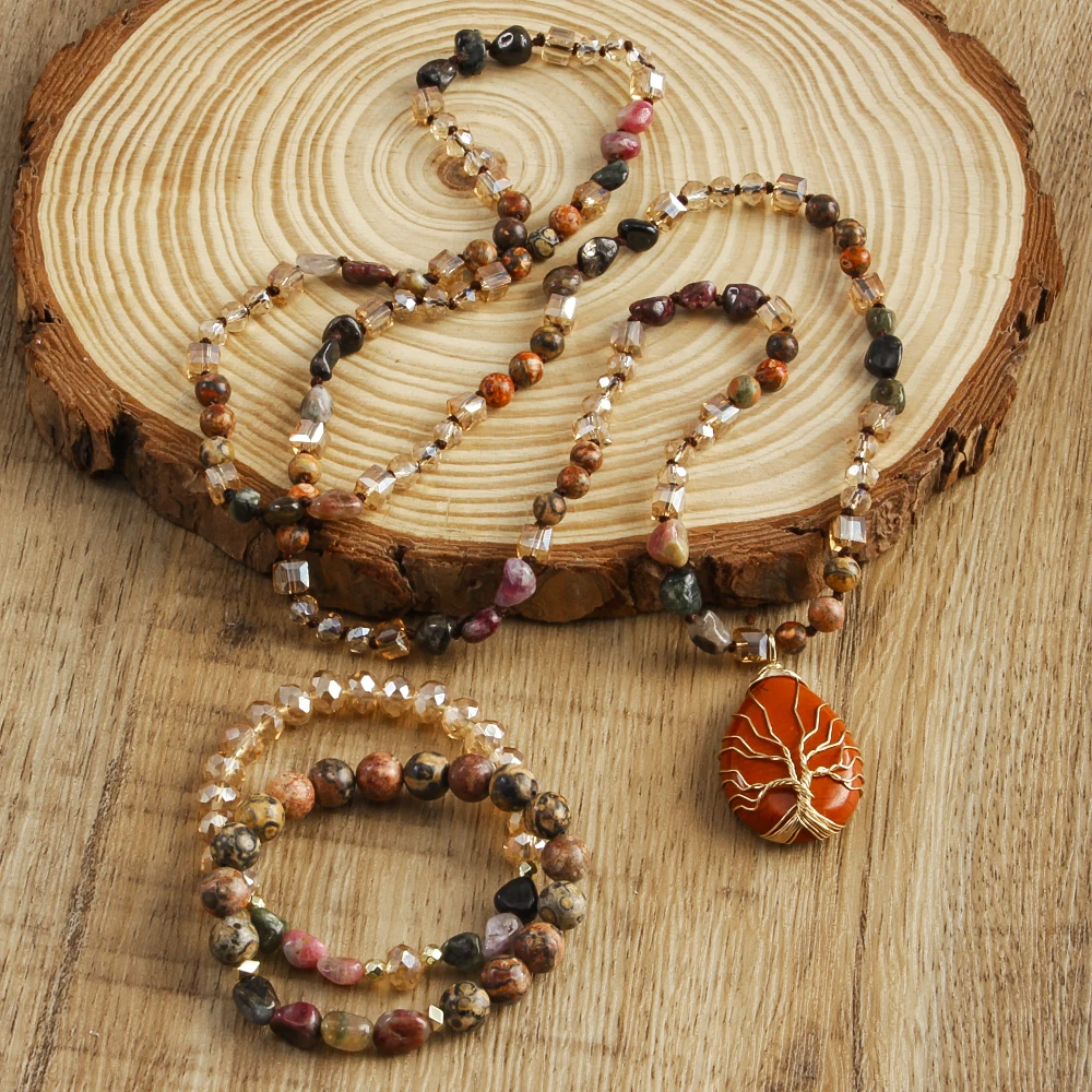 New Boheme Spring Jewelry Natural Stone Glass Handmade Life Tree Stone Drop Pendant Knotted Necklace 2pcs Stack Bracelet Set