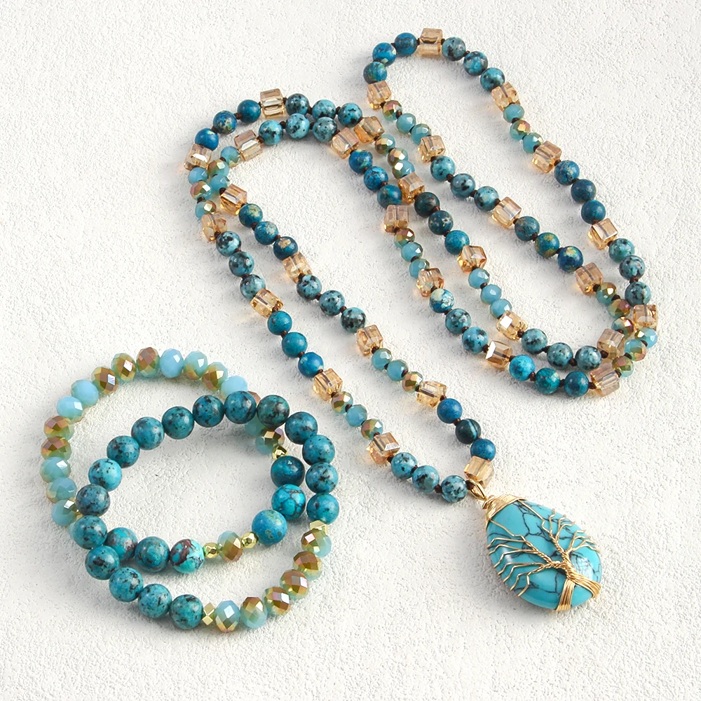 New Boheme Spring Jewelry Natural Stone Glass Handmade Life Tree Stone Drop Pendant Knotted Necklace 2pcs Stack Bracelet Set