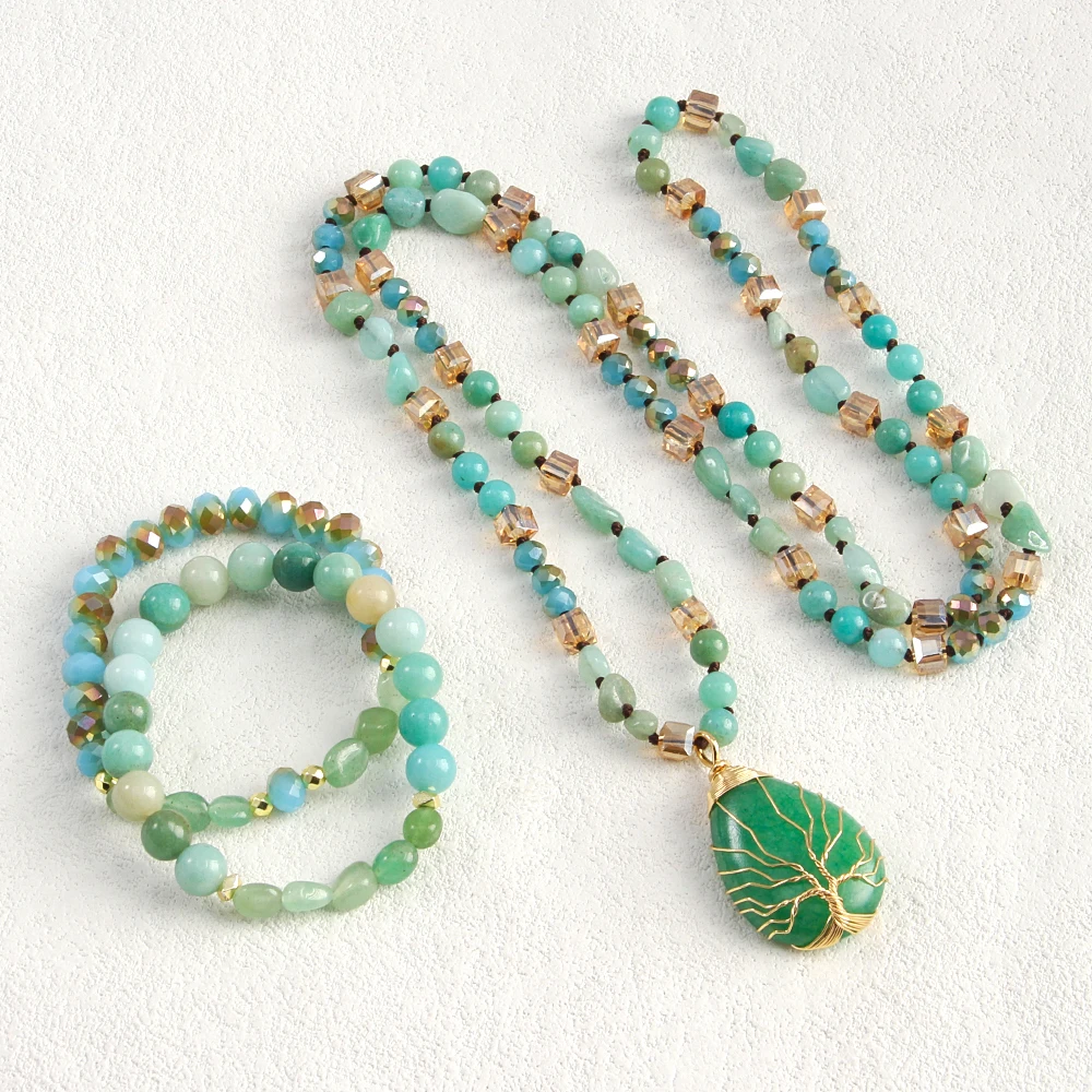 New Boheme Spring Jewelry Natural Stone Glass Handmade Life Tree Stone Drop Pendant Knotted Necklace 2pcs Stack Bracelet Set