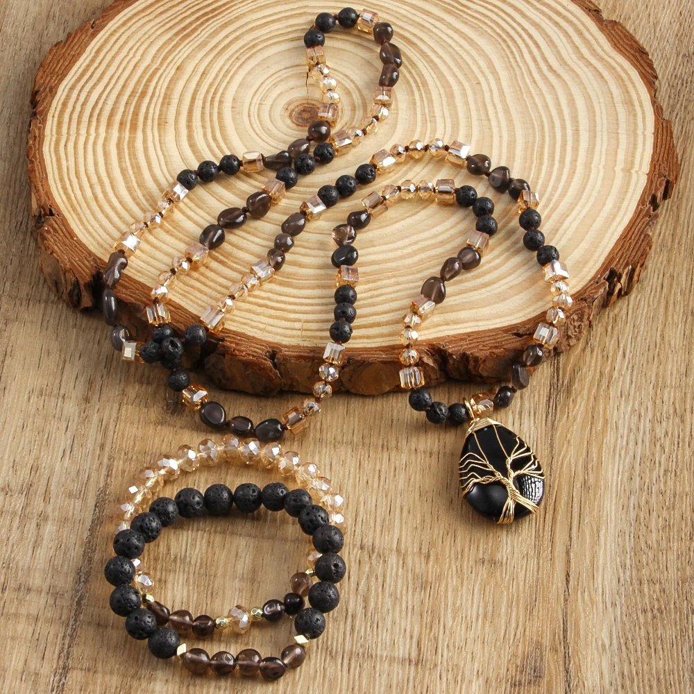 New Boheme Spring Jewelry Natural Stone Glass Handmade Life Tree Stone Drop Pendant Knotted Necklace 2pcs Stack Bracelet Set