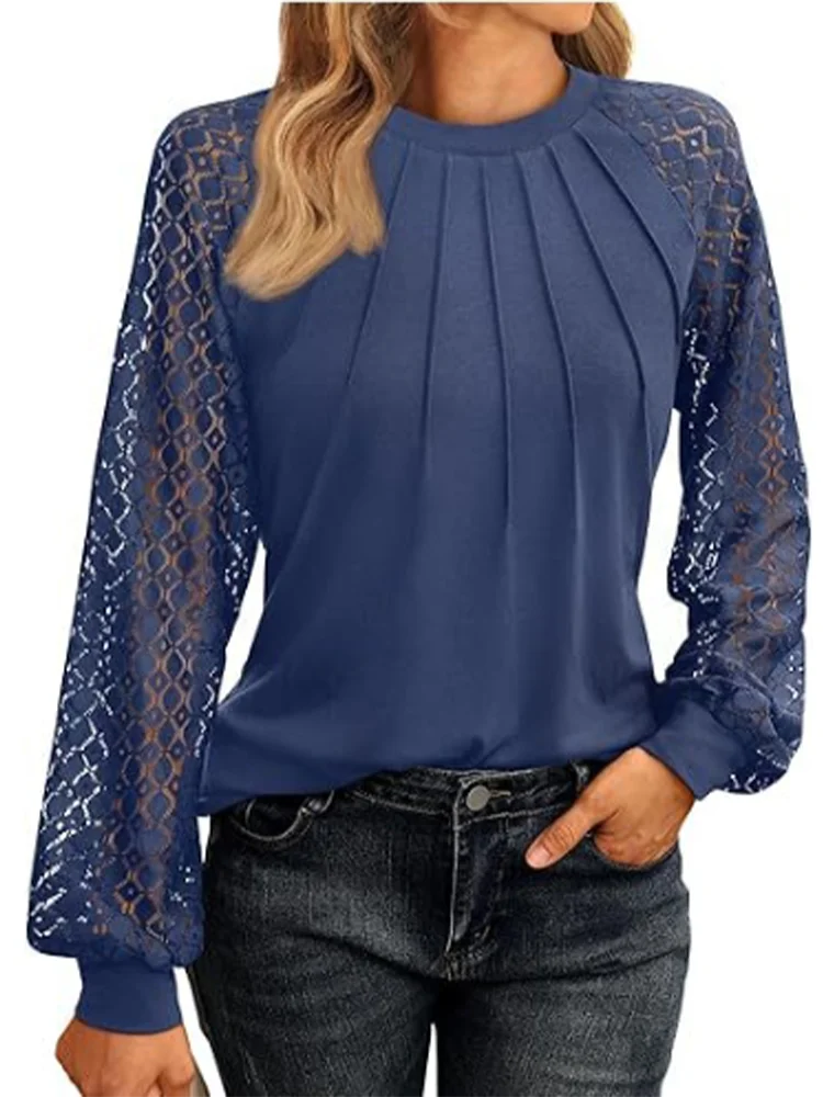 Elegant Lace Pleated Solid Color Shirts Women's Round Neck Lantern Long Sleeved Blouse Autumn Daily Casual Top