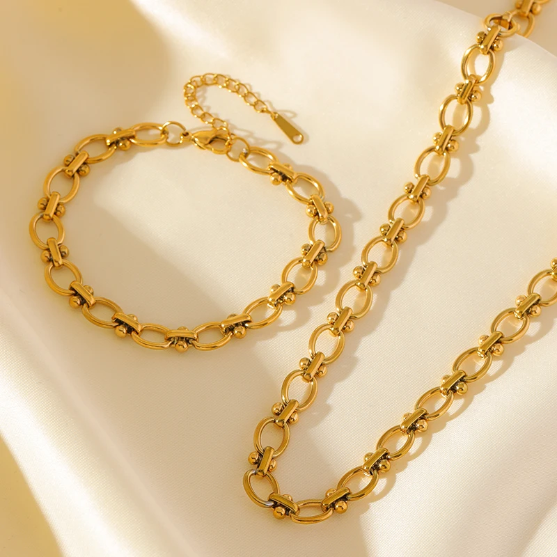 EILIECK 316L Stainless Steel Metal Cuban Chain Neckalces Bracelet Jewelry Set For Women Gold Color Neck Chain Collar Bijoux