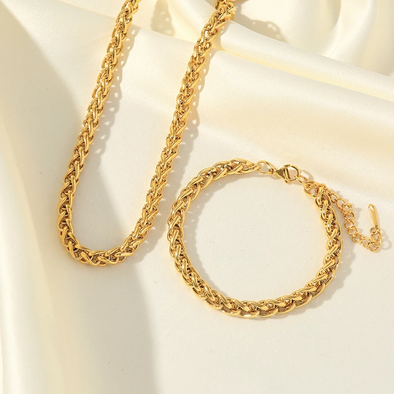 EILIECK 316L Stainless Steel Metal Cuban Chain Neckalces Bracelet Jewelry Set For Women Gold Color Neck Chain Collar Bijoux