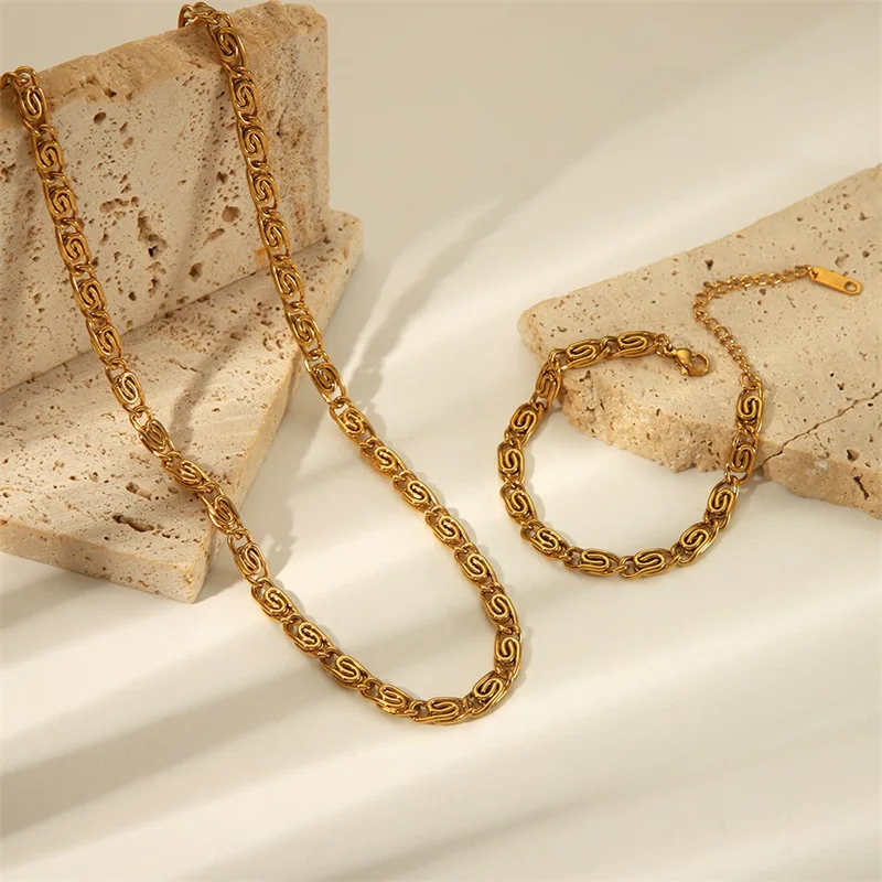 EILIECK 316L Stainless Steel Metal Cuban Chain Neckalces Bracelet Jewelry Set For Women Gold Color Neck Chain Collar Bijoux