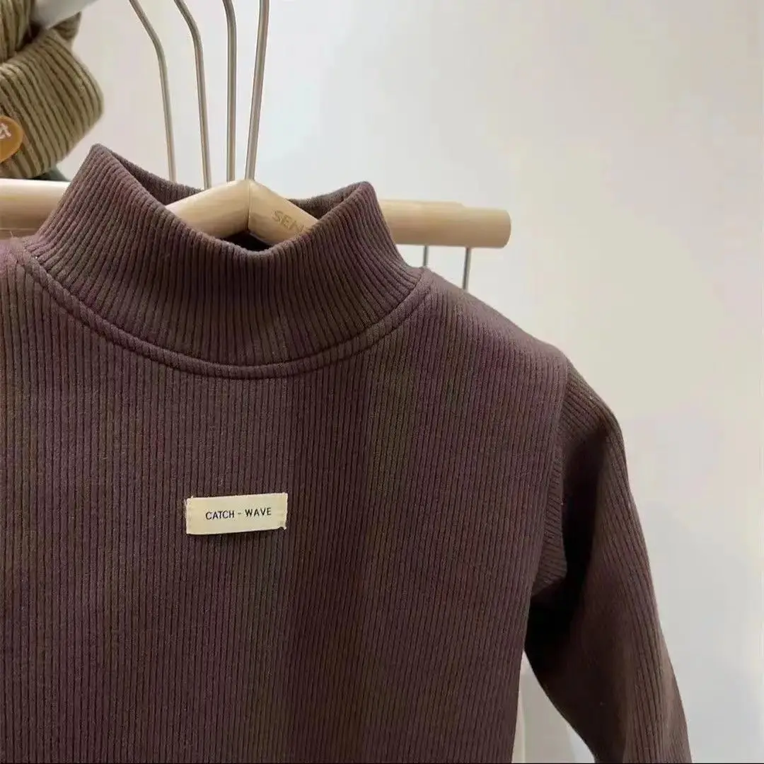 1pcs Autumn Winter Children T-Shirt Solid Velvet Warm Top Baby Kids Half High Collar Long Sleeve Base Shirt Girls Boys Tshirt