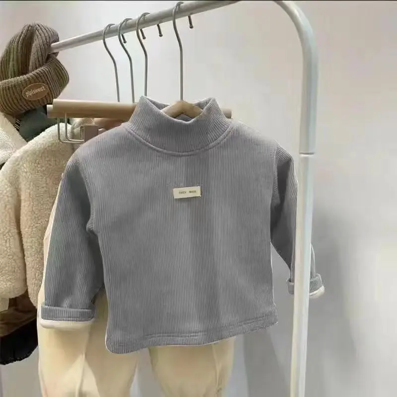 1pcs Autumn Winter Children T-Shirt Solid Velvet Warm Top Baby Kids Half High Collar Long Sleeve Base Shirt Girls Boys Tshirt