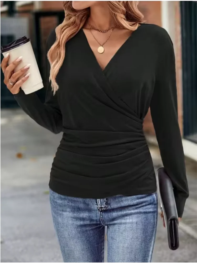 Black Casual V-neck Long Sleeved Pleated Solid Color T-shirt Women's High Street Fashion Dating Versatile Autumn Elegant Top