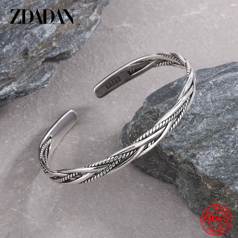 ZDADAN 925 Sterling Silver Vintage Twists Open Cuff Bracelet&Bangles For Women Fashion Jewelry