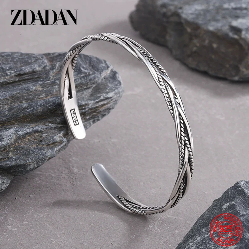 ZDADAN 925 Sterling Silver Vintage Twists Open Cuff Bracelet&Bangles For Women Fashion Jewelry