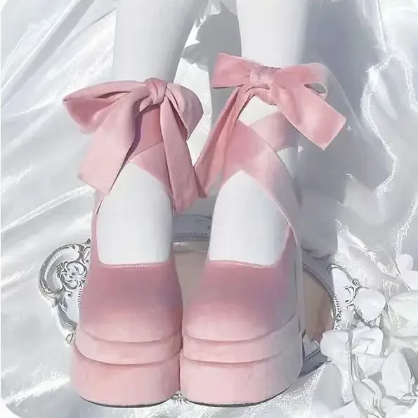 Platform Mary Janes Shoes Women Suede Luxury High Heel Lace Up Trend Lolita Shoes Elegant Chunky Party Pumps Zapatos De Mujer