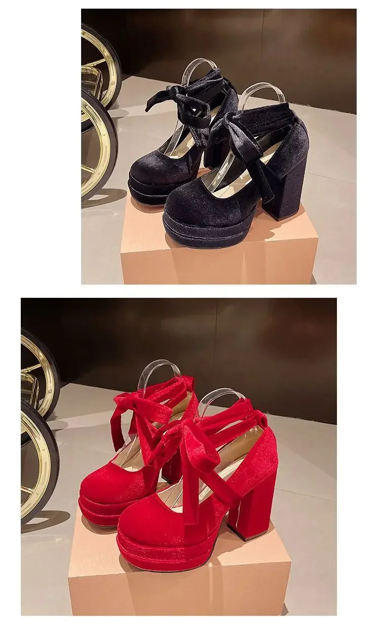 Platform Mary Janes Shoes Women Suede Luxury High Heel Lace Up Trend Lolita Shoes Elegant Chunky Party Pumps Zapatos De Mujer