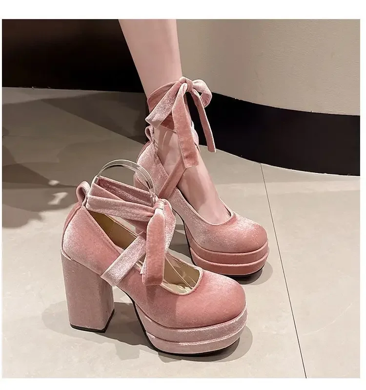 Platform Mary Janes Shoes Women Suede Luxury High Heel Lace Up Trend Lolita Shoes Elegant Chunky Party Pumps Zapatos De Mujer