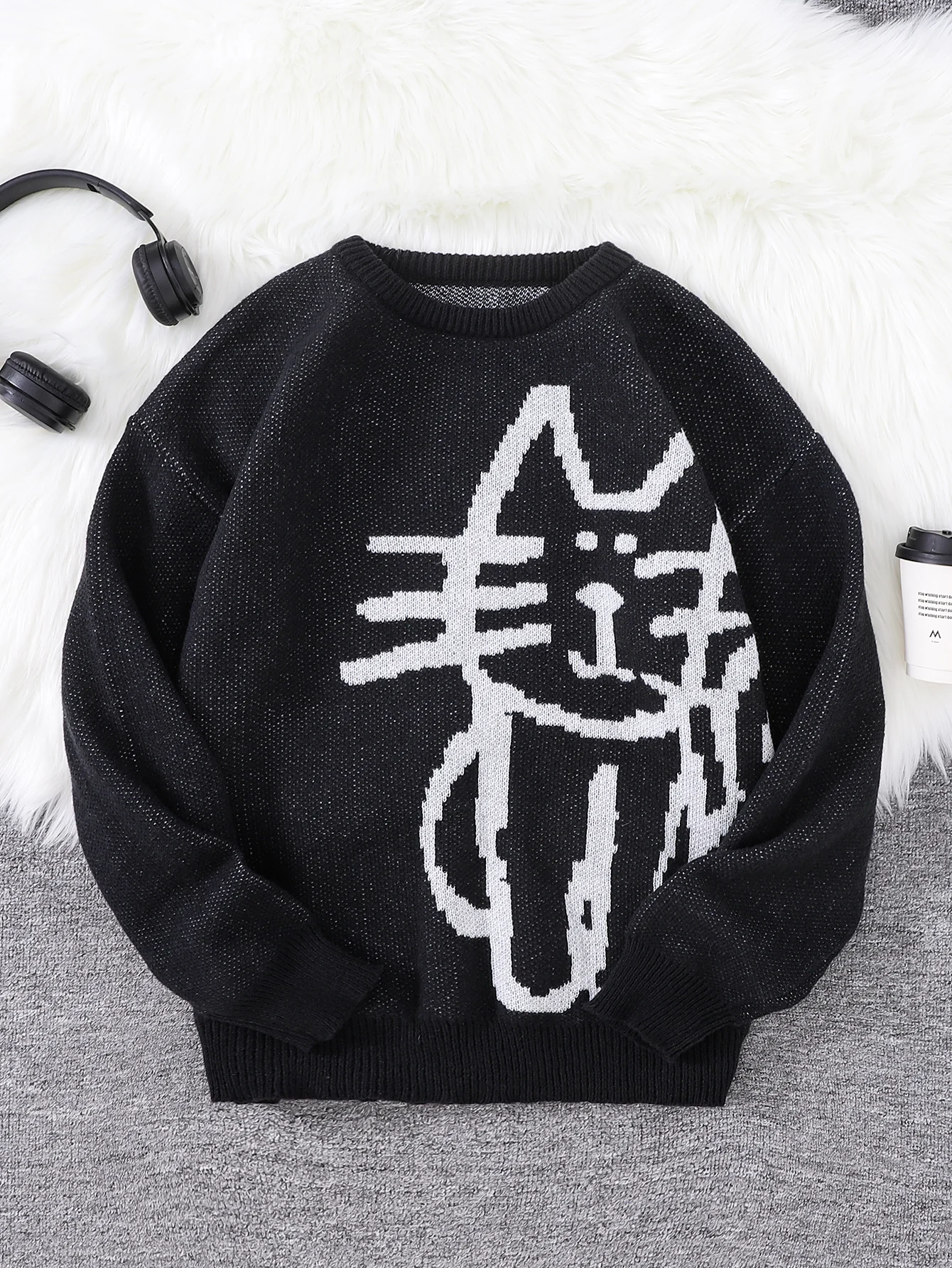 Autumn and Winter Abstract Kitten Jacquard Pattern Pullover Sweater Casual Round Neck Knitted Men's Pullover