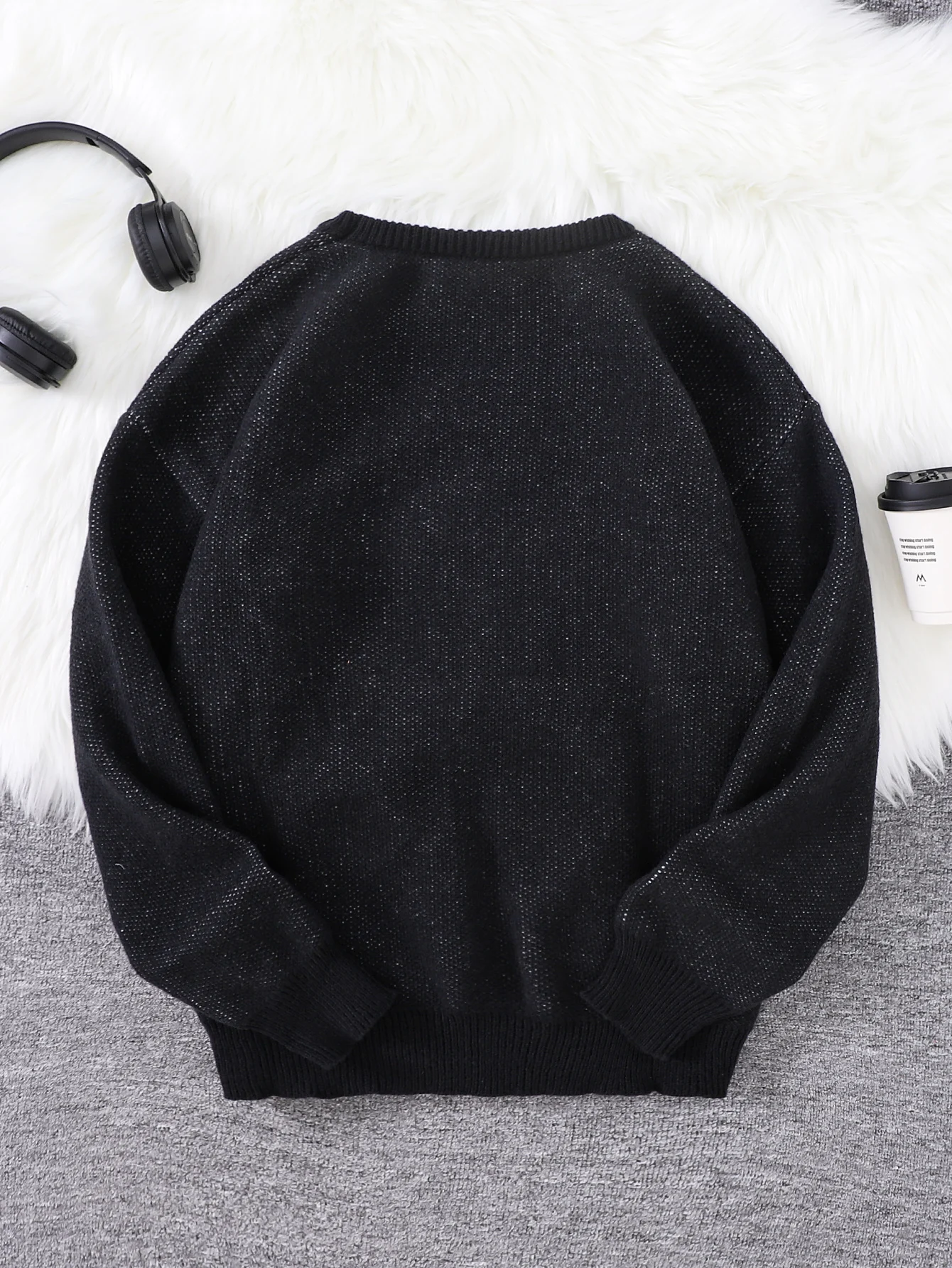Autumn and Winter Abstract Kitten Jacquard Pattern Pullover Sweater Casual Round Neck Knitted Men's Pullover