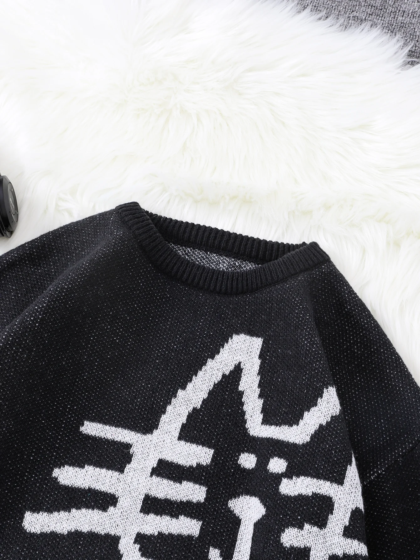 Autumn and Winter Abstract Kitten Jacquard Pattern Pullover Sweater Casual Round Neck Knitted Men's Pullover