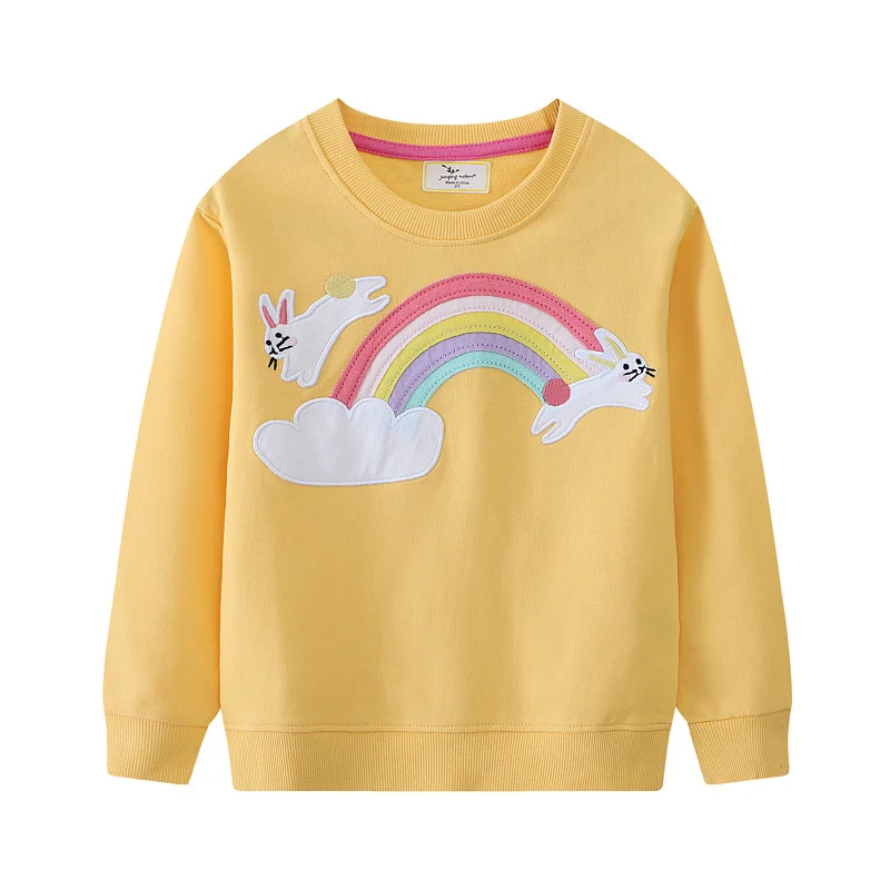 Jumping Meters 2-7T Rainbow Girls Sweatshirts Bunny Embroidery Long Sleeve Baby Hooded Sport Shirts Autumn Spring Clothes