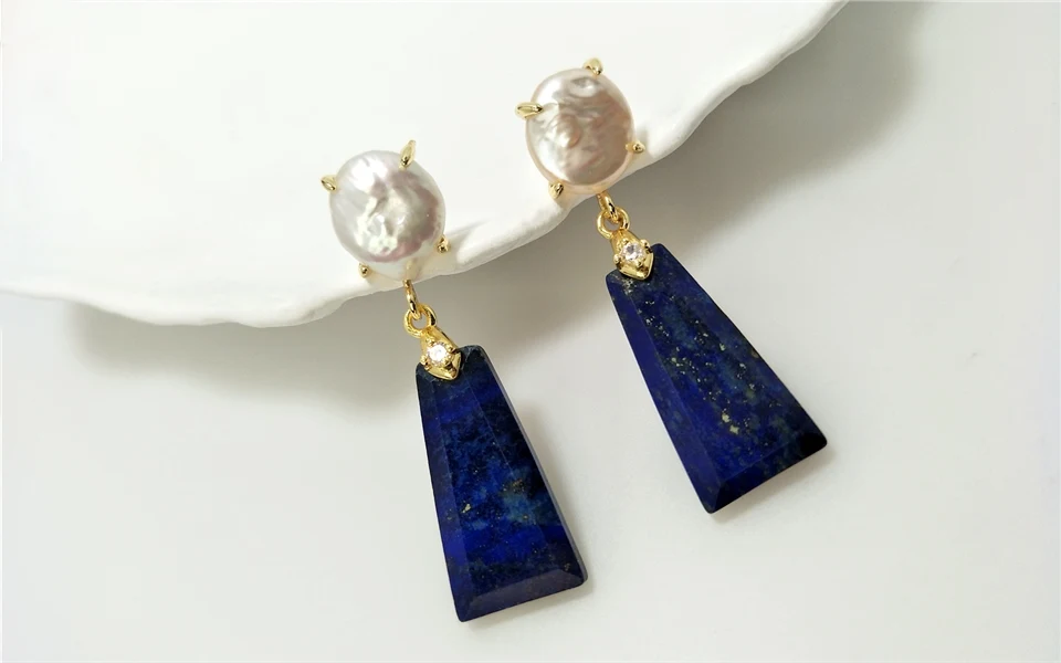 1 Pairs Fashionable Golden Trapezoid Earrings with Natural Freshwater Pearl & Semi-precious Stone, Ideal Valentines Gift ER467P