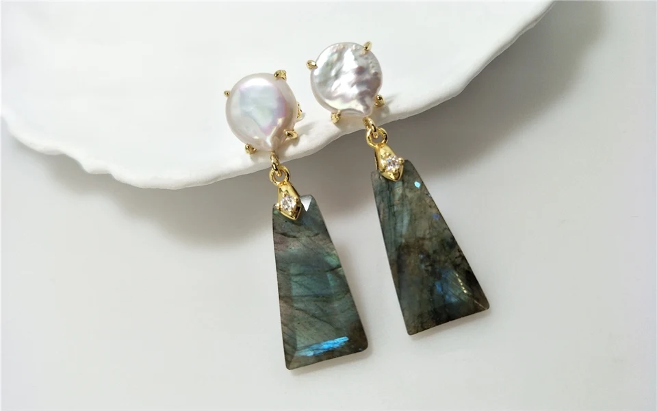 1 Pairs Fashionable Golden Trapezoid Earrings with Natural Freshwater Pearl & Semi-precious Stone, Ideal Valentines Gift ER467P