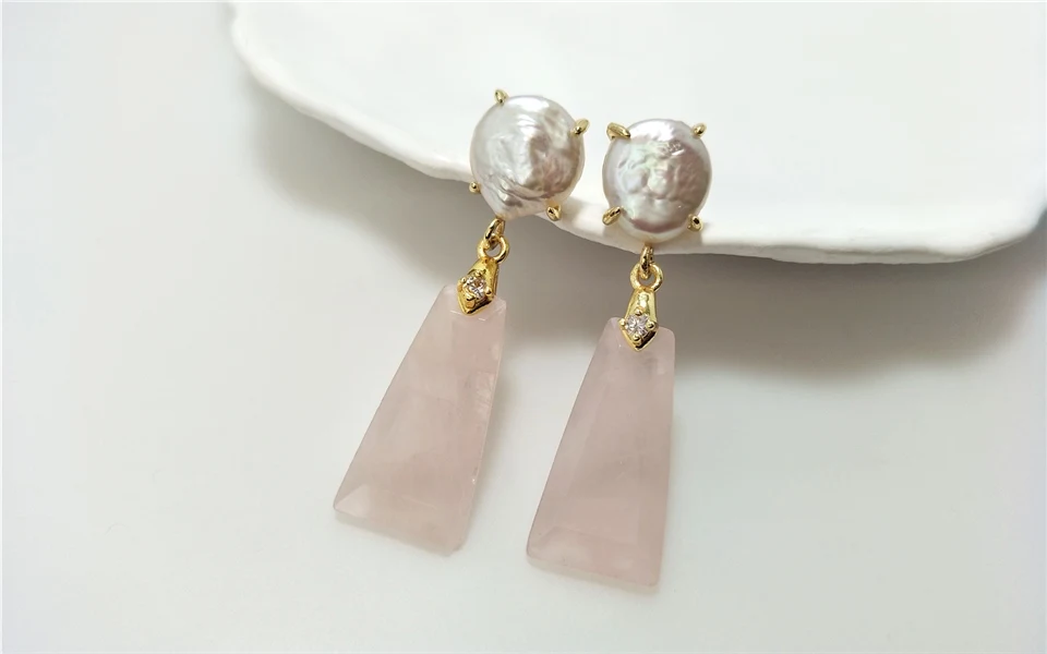 1 Pairs Fashionable Golden Trapezoid Earrings with Natural Freshwater Pearl & Semi-precious Stone, Ideal Valentines Gift ER467P