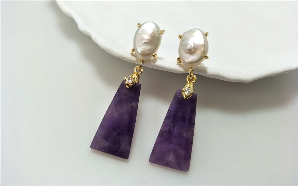 1 Pairs Fashionable Golden Trapezoid Earrings with Natural Freshwater Pearl & Semi-precious Stone, Ideal Valentines Gift ER467P