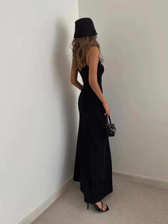 Women's Slim-Fit Halter Neck Midi Dress Elegant Bodycon Long Summer Dress Sexy Spaghetti Strap Beach Party Wear