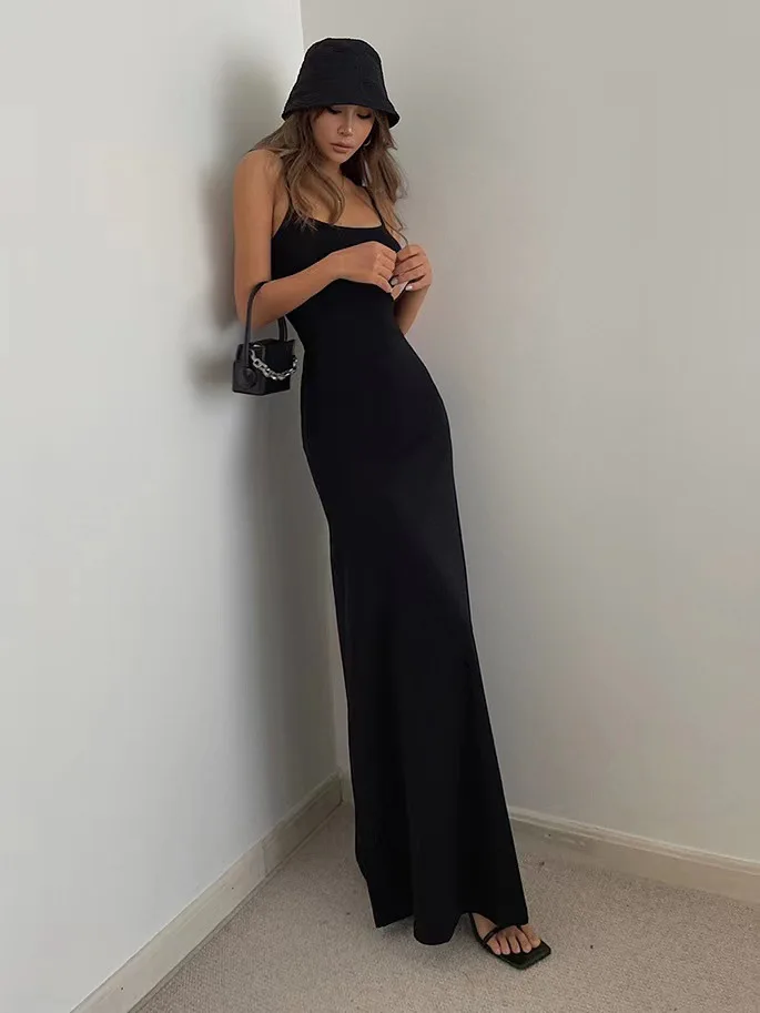 Women's Slim-Fit Halter Neck Midi Dress Elegant Bodycon Long Summer Dress Sexy Spaghetti Strap Beach Party Wear