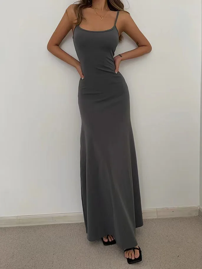Women's Slim-Fit Halter Neck Midi Dress Elegant Bodycon Long Summer Dress Sexy Spaghetti Strap Beach Party Wear