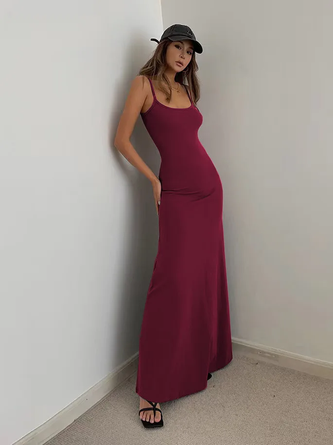 Women's Slim-Fit Halter Neck Midi Dress Elegant Bodycon Long Summer Dress Sexy Spaghetti Strap Beach Party Wear