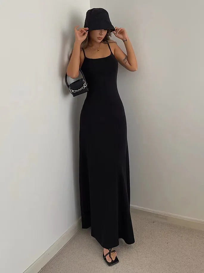 Women's Slim-Fit Halter Neck Midi Dress Elegant Bodycon Long Summer Dress Sexy Spaghetti Strap Beach Party Wear
